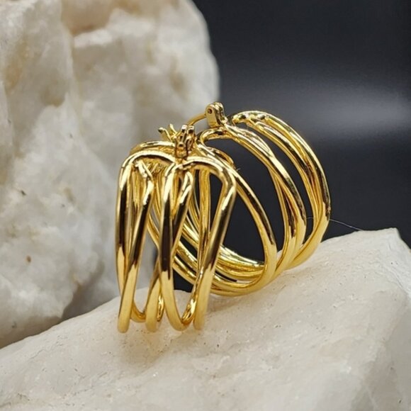 Rhodium/ 18 kt Gold Plated Hoops Earrings/Studs Contemporary Design - Picture 10 of 10